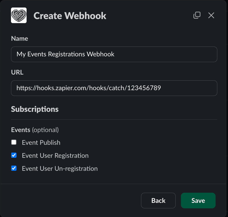 Create webhook modal