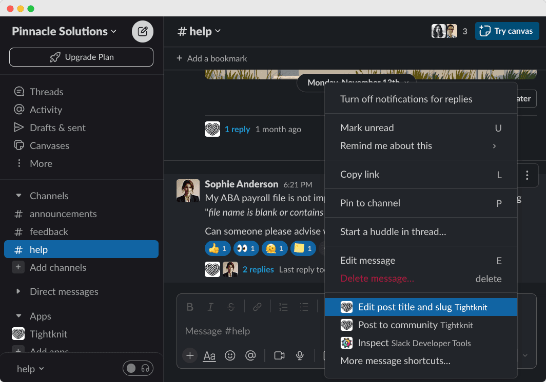 Slack message shortcuts