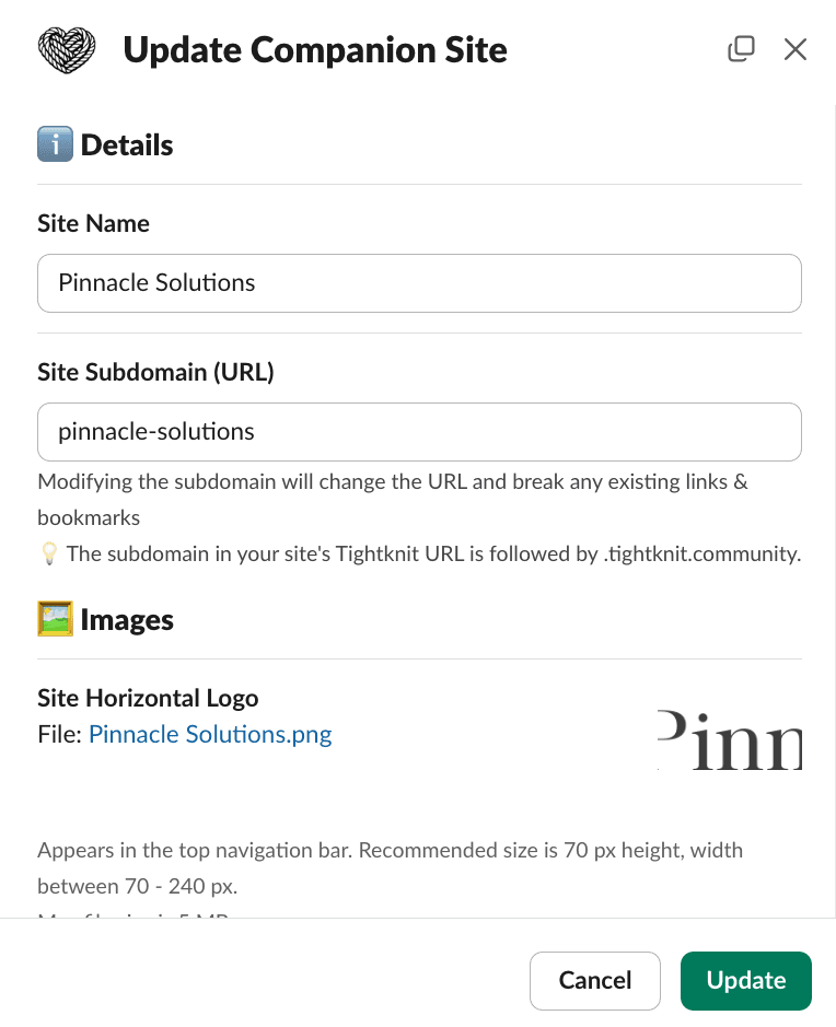 Tightknit Companion Site Settings Modal